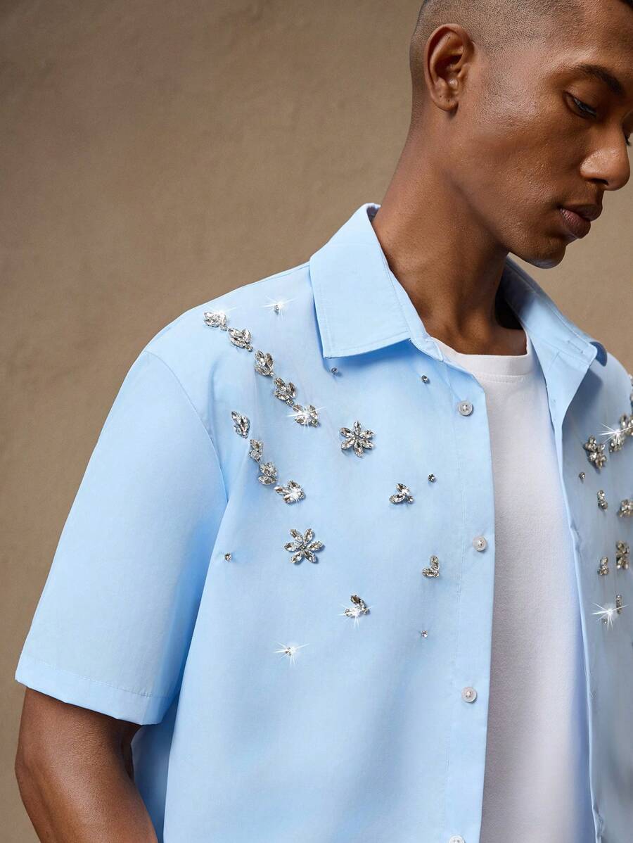 Business Casual Woven Floral Embroidered Drop Shoulder Shirt