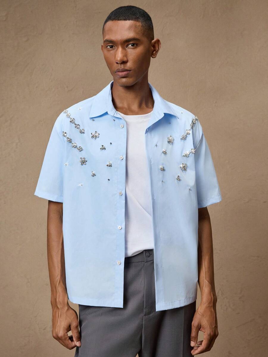 Business Casual Woven Floral Embroidered Drop Shoulder Shirt