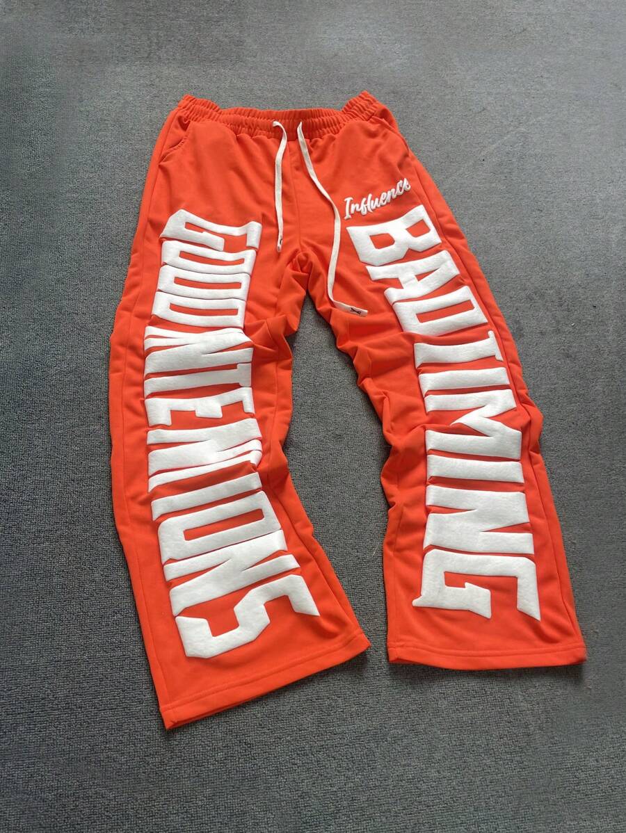 Men's Fashion Street Letter Three-Dimensional Print Drawstring Loose Sweater Pants