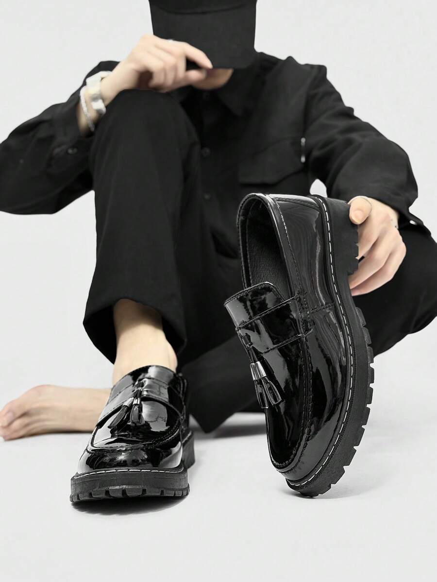 Men's Casual Thick Sole Slip-On Solid Black Leather Loafers