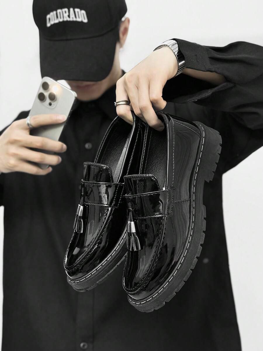 Men's Casual Thick Sole Slip-On Solid Black Leather Loafers
