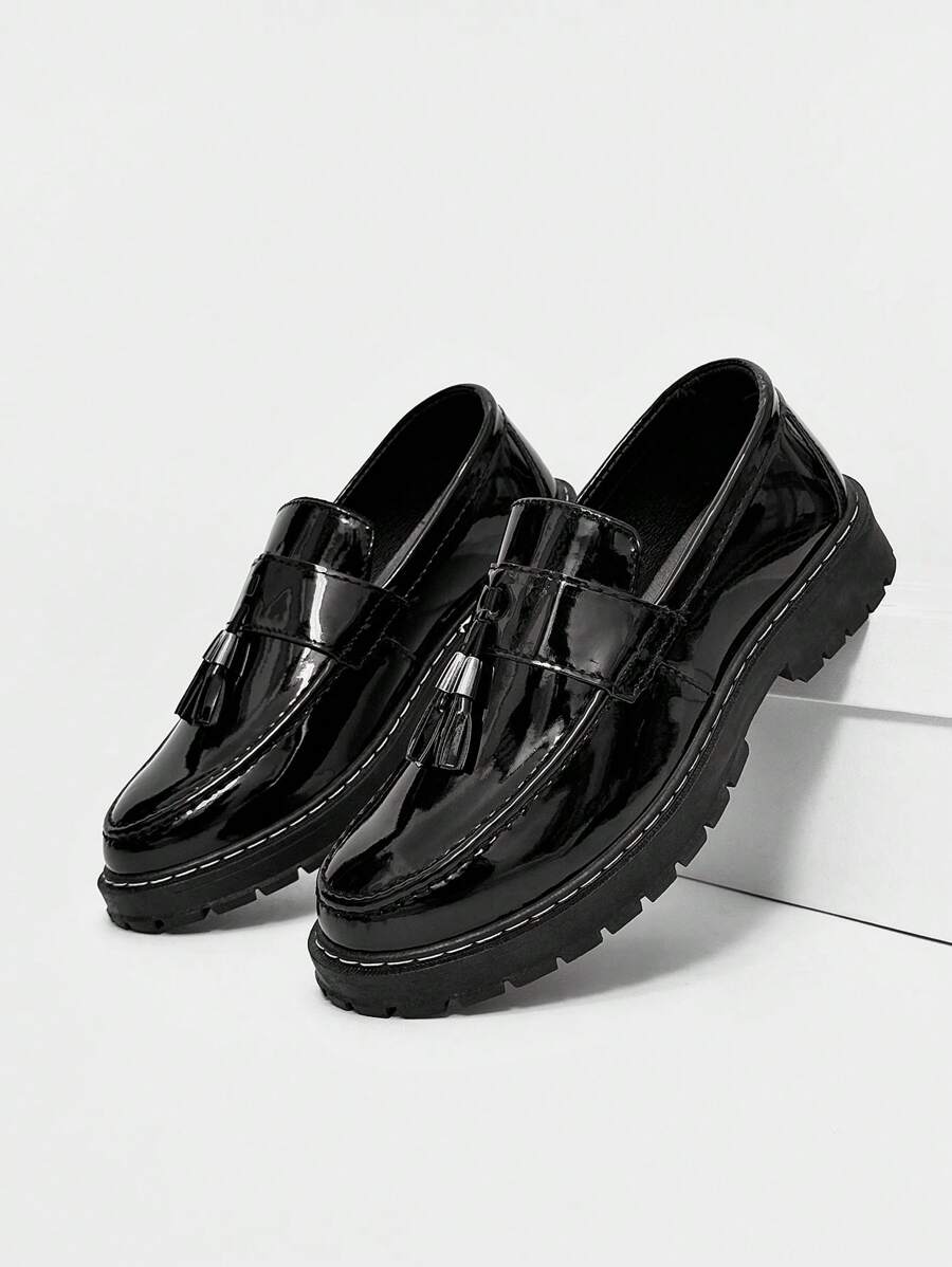 Men's Casual Thick Sole Slip-On Solid Black Leather Loafers