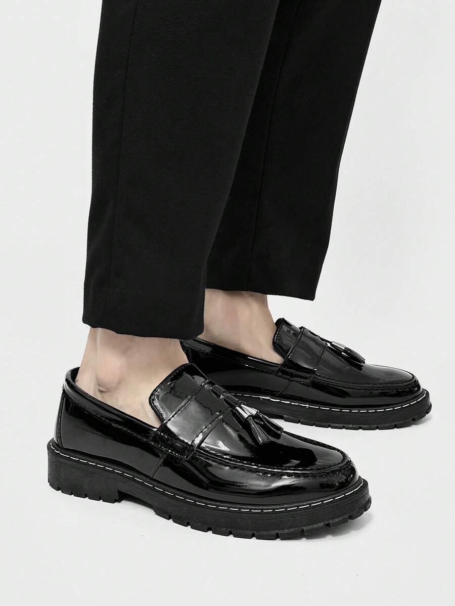 Men's Casual Thick Sole Slip-On Solid Black Leather Loafers