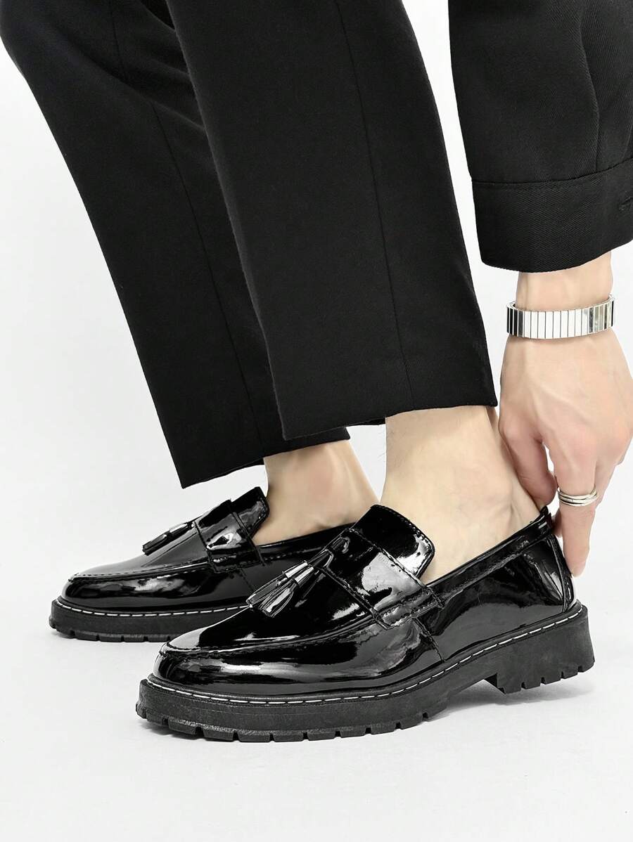 Men's Casual Thick Sole Slip-On Solid Black Leather Loafers