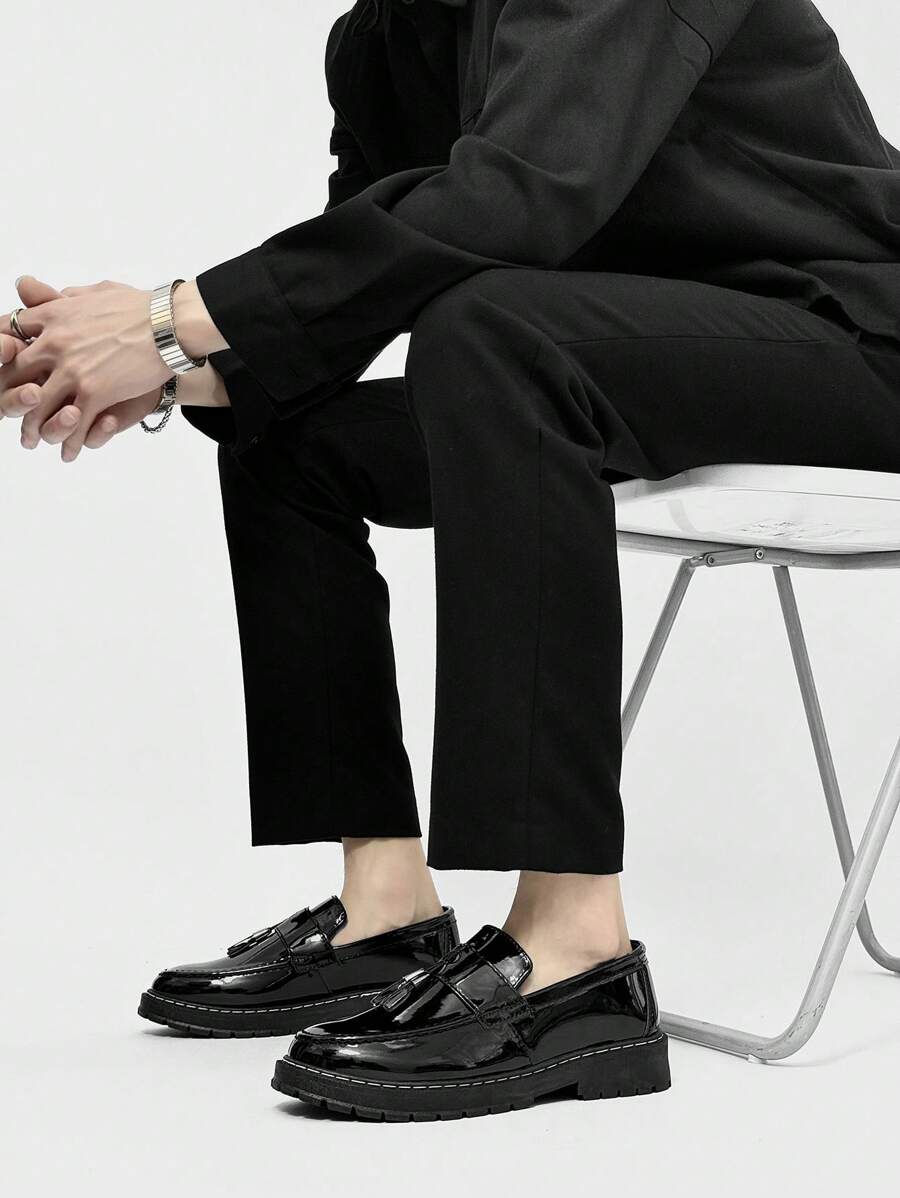 Men's Casual Thick Sole Slip-On Solid Black Leather Loafers