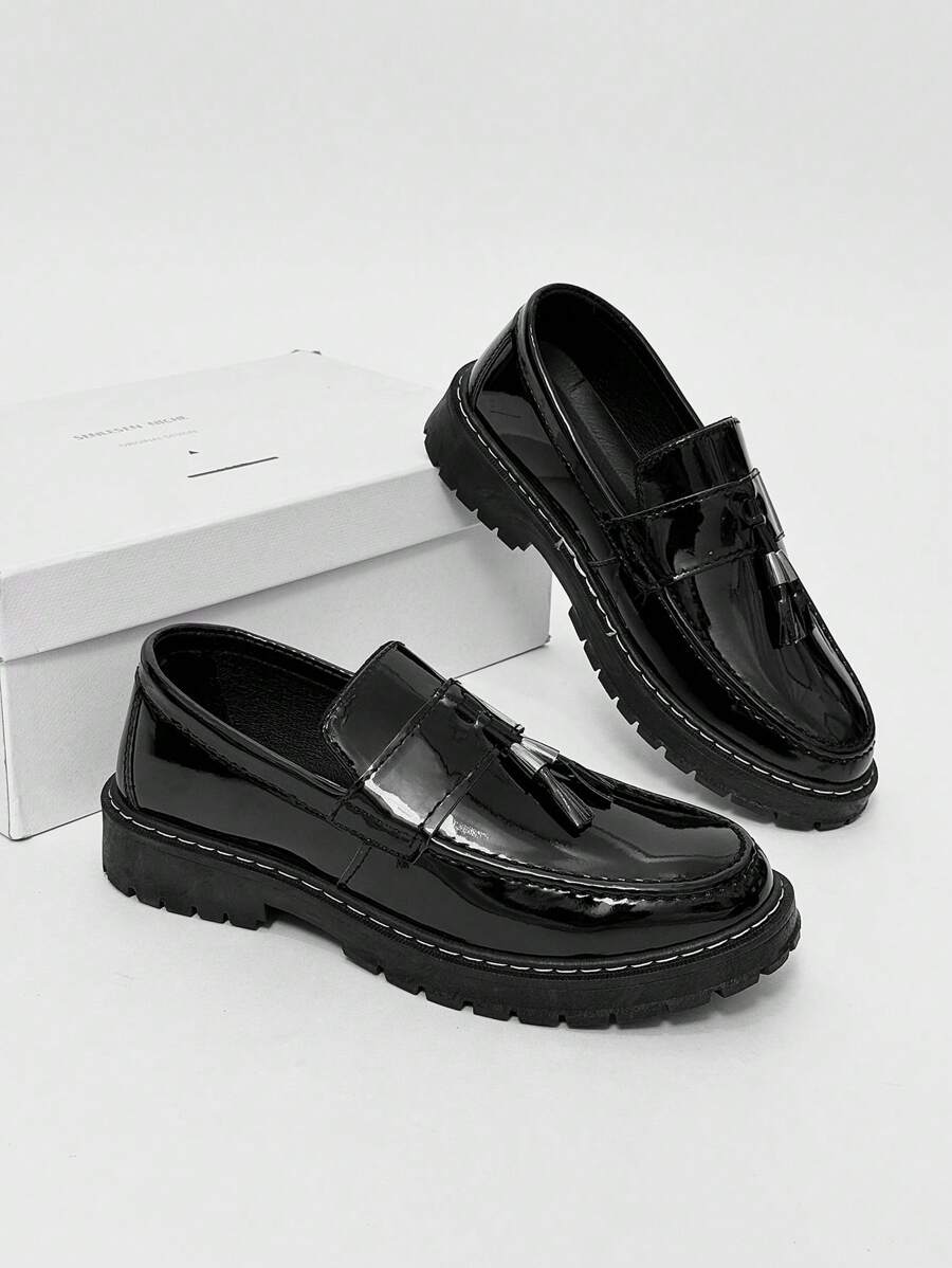 Men's Casual Thick Sole Slip-On Solid Black Leather Loafers