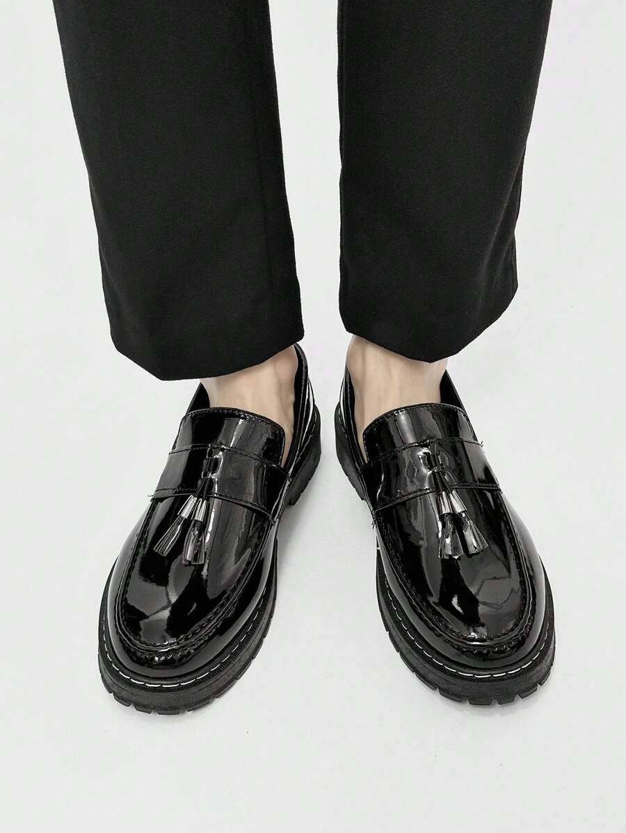 Men's Casual Thick Sole Slip-On Solid Black Leather Loafers