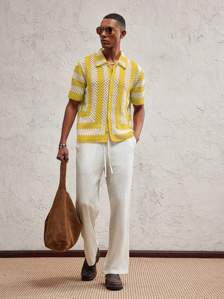 Men's Knitted Fitted Short Sleeve Casual Cardigan Fall Sweater