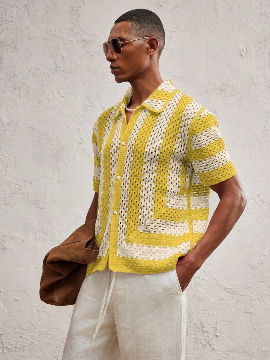 Men's Knitted Fitted Short Sleeve Casual Cardigan Fall Sweater