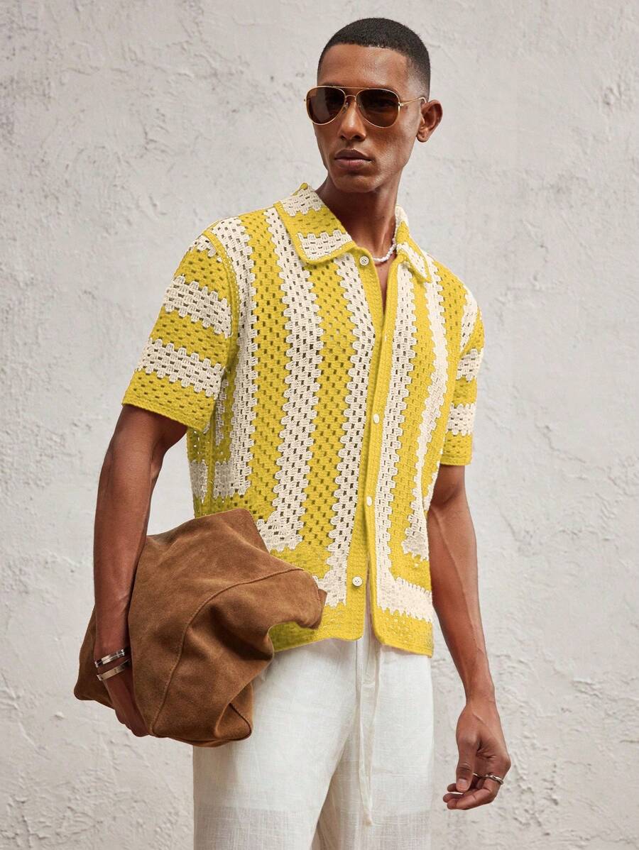 Men's Knitted Fitted Short Sleeve Casual Cardigan Fall Sweater
