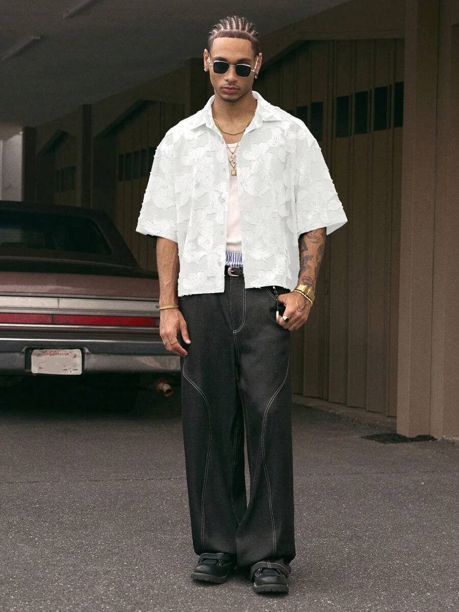 Men's Streetwear Turndown Collar Short Sleeve Loose Fit Shirt