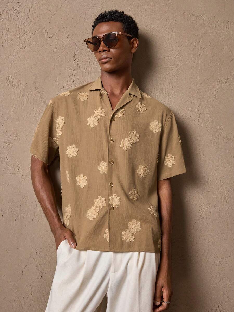 Business Casual Woven Floral Embroidered Drop Shoulder Shirt