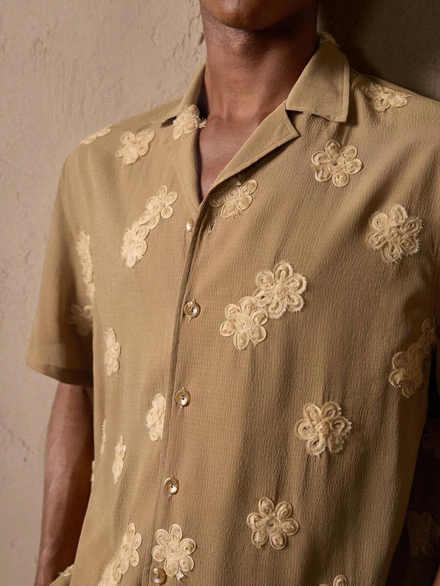 Business Casual Woven Floral Embroidered Drop Shoulder Shirt
