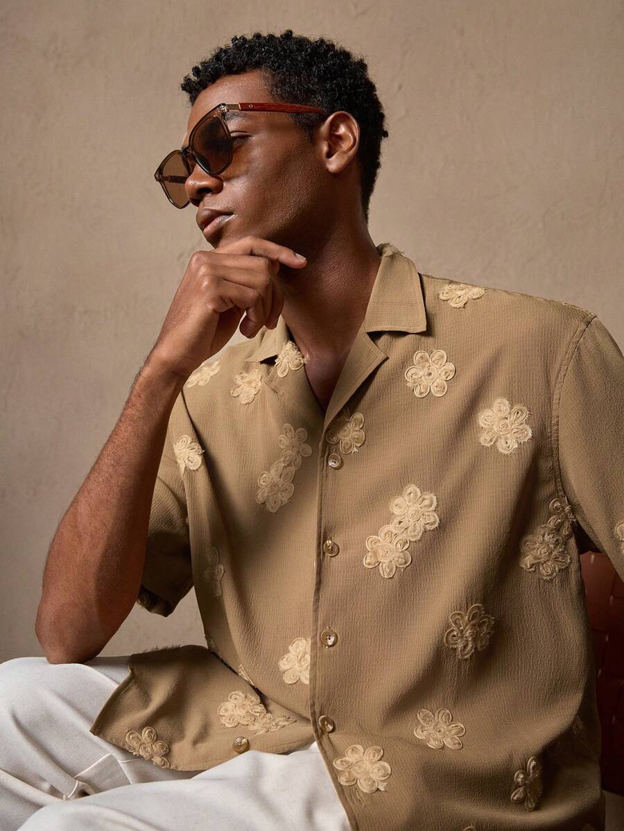 Business Casual Woven Floral Embroidered Drop Shoulder Shirt