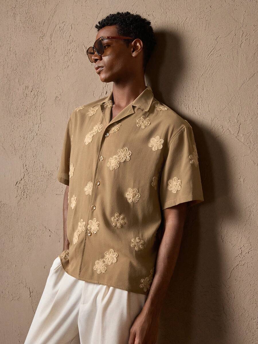 Business Casual Woven Floral Embroidered Drop Shoulder Shirt