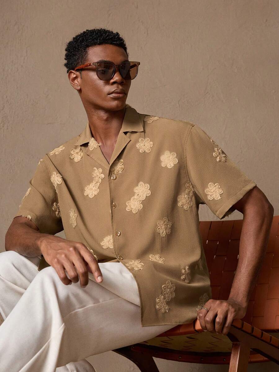 Business Casual Woven Floral Embroidered Drop Shoulder Shirt