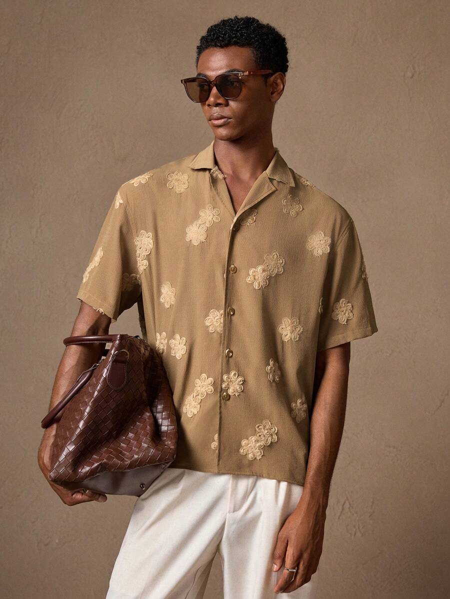Business Casual Woven Floral Embroidered Drop Shoulder Shirt