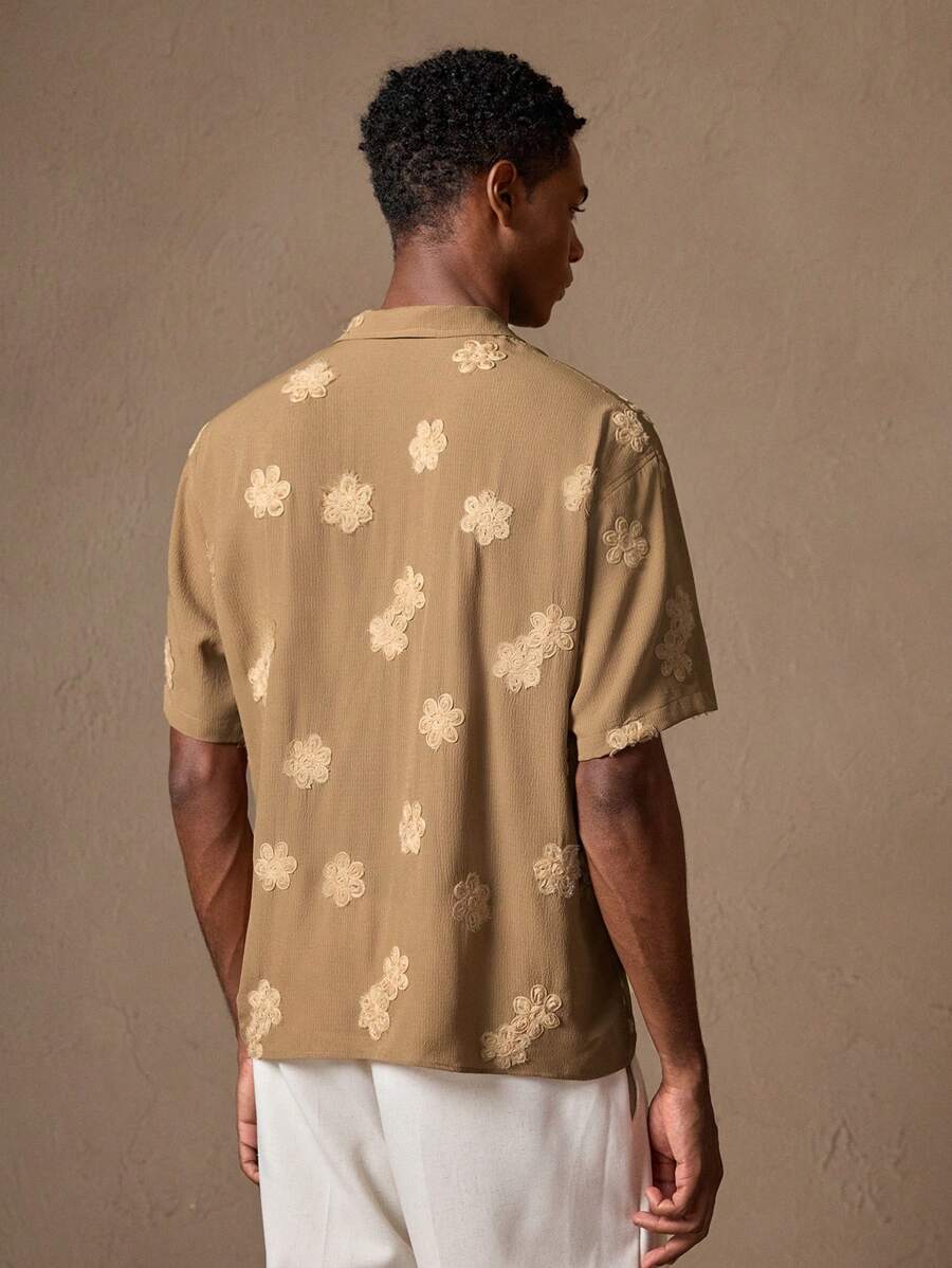 Business Casual Woven Floral Embroidered Drop Shoulder Shirt
