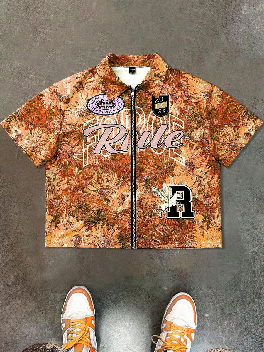 Men's Oil Painting Sunflower Print Pegasus Print Zip-Up Shirt ,