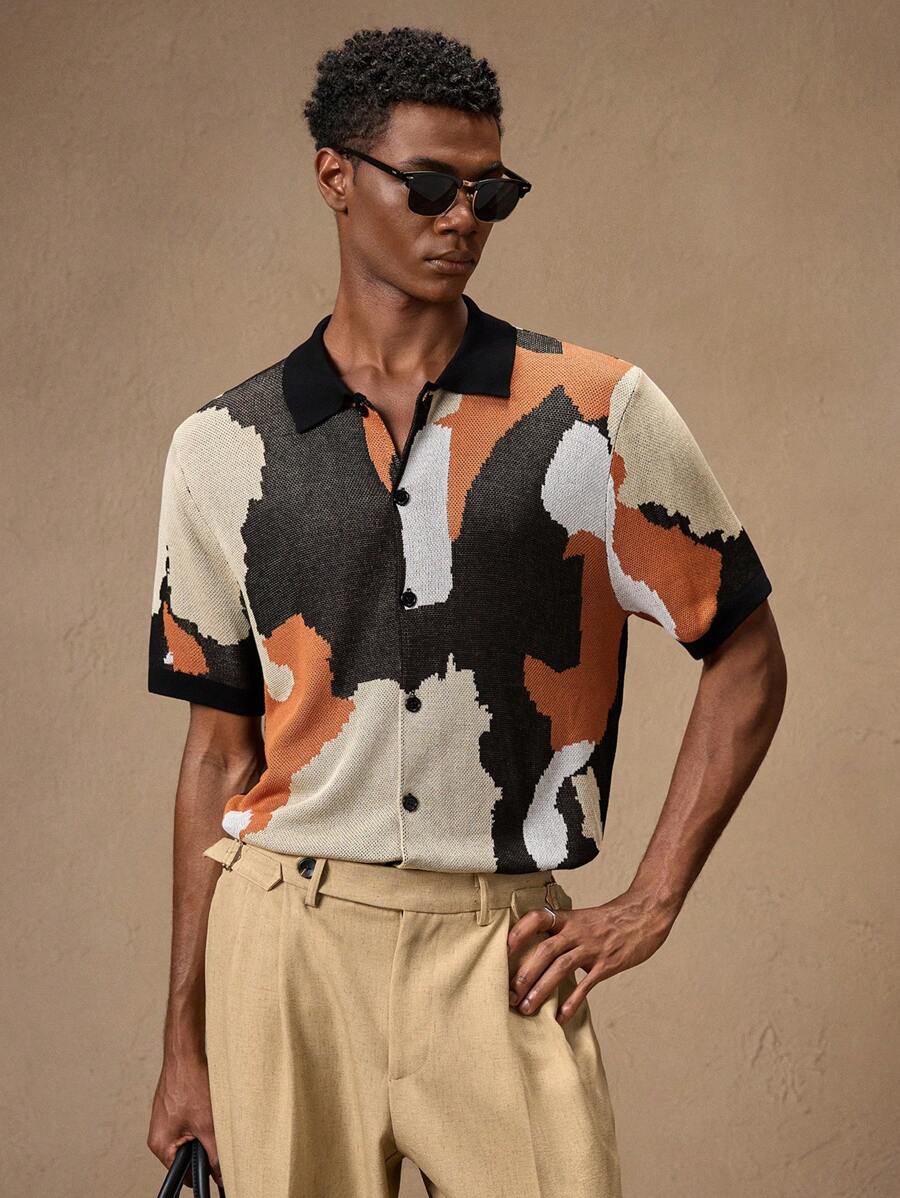 Men's Camouflage Knitted Short Sleeve Elastic Fitted Casual Polo Shirt