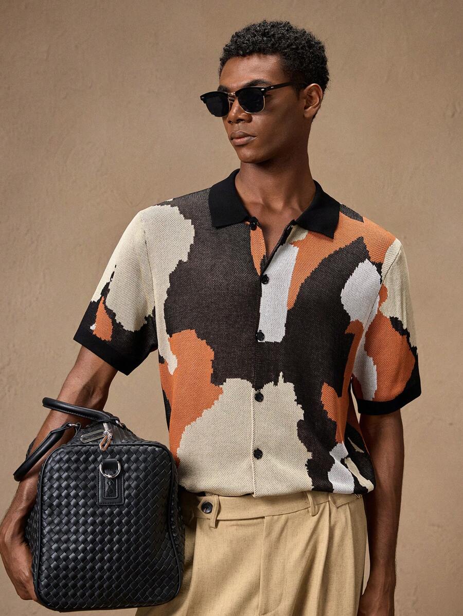 Men's Camouflage Knitted Short Sleeve Elastic Fitted Casual Polo Shirt