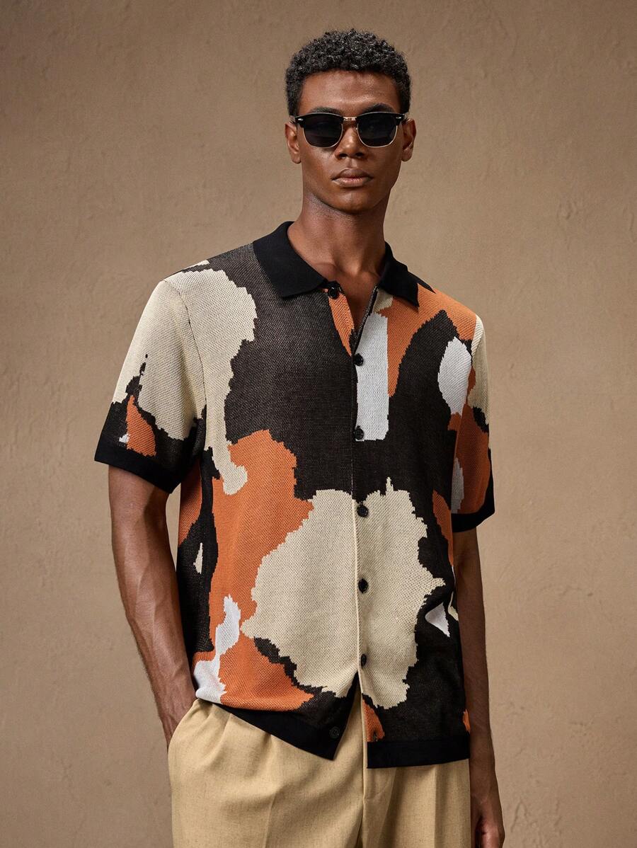 Men's Camouflage Knitted Short Sleeve Elastic Fitted Casual Polo Shirt