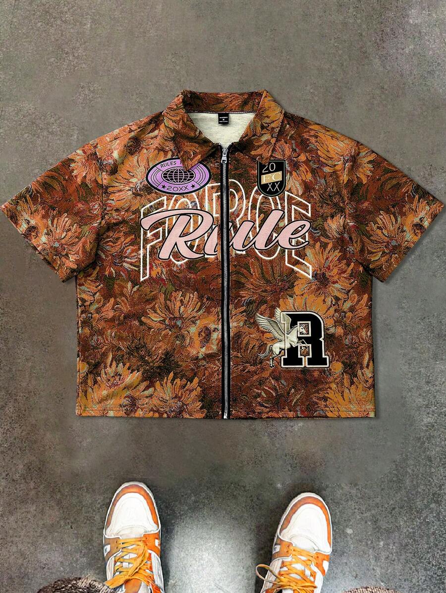 Men's Oil Painting Sunflower Print Pegasus Print Zip-Up Shirt ,