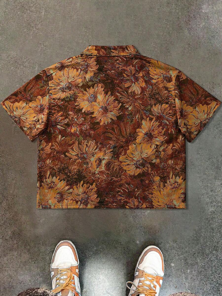 Men's Oil Painting Sunflower Print Pegasus Print Zip-Up Shirt ,