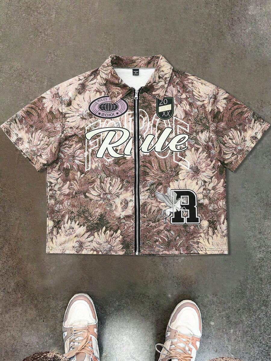 Men's Oil Painting Sunflower Print Pegasus Print Zip-Up Shirt ,