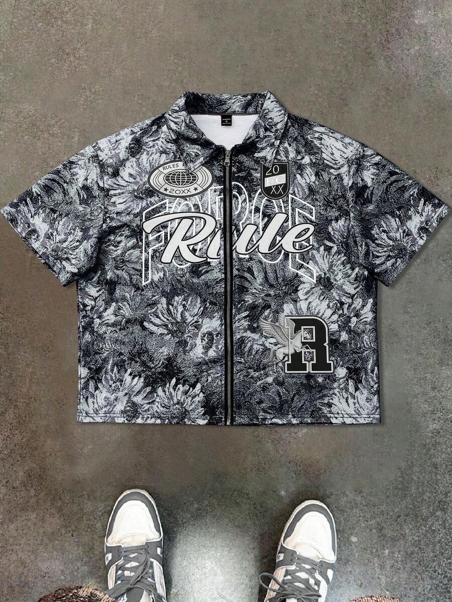 Men's Oil Painting Sunflower Print Pegasus Print Zip-Up Shirt ,