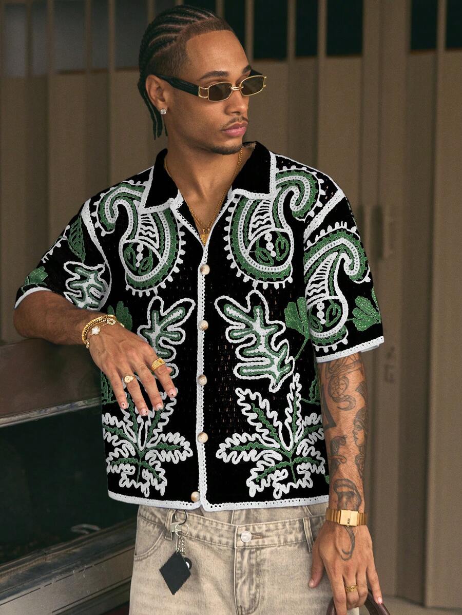 Cashew Flower Pattern Boxy Fit Polo Collar Short Sleeve Knit Top For Men