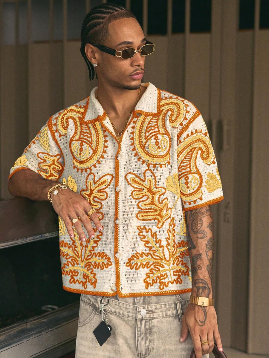 Cashew Flower Pattern Boxy Fit Polo Collar Short Sleeve Knit Top For Men