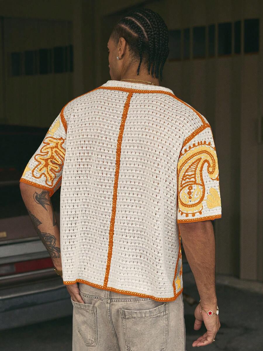 Cashew Flower Pattern Boxy Fit Polo Collar Short Sleeve Knit Top For Men