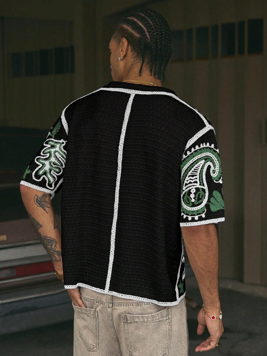 Cashew Flower Pattern Boxy Fit Polo Collar Short Sleeve Knit Top For Men
