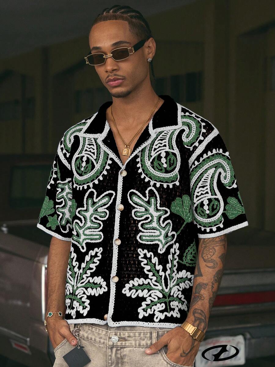 Cashew Flower Pattern Boxy Fit Polo Collar Short Sleeve Knit Top For Men