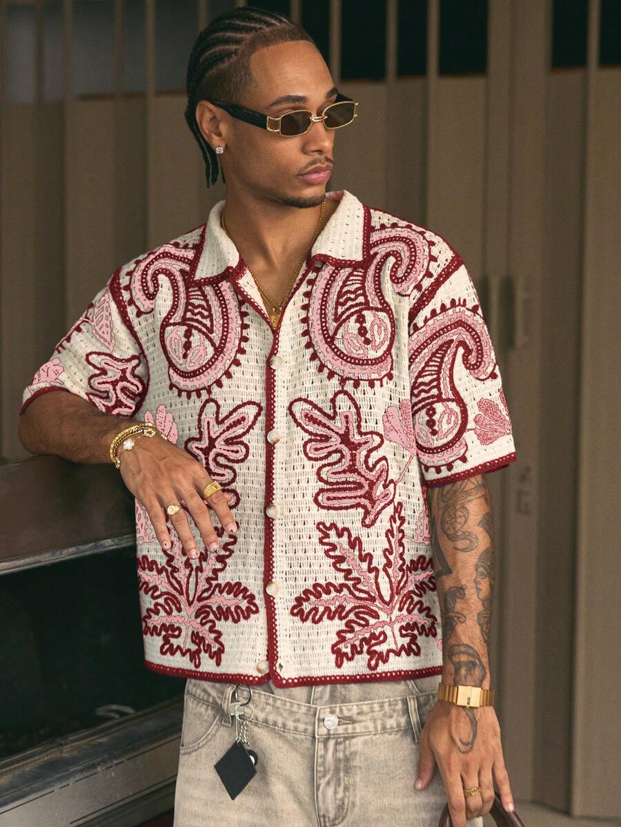 Cashew Flower Pattern Boxy Fit Polo Collar Short Sleeve Knit Top For Men