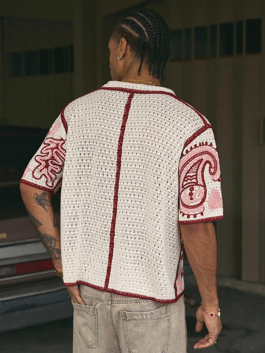 Cashew Flower Pattern Boxy Fit Polo Collar Short Sleeve Knit Top For Men