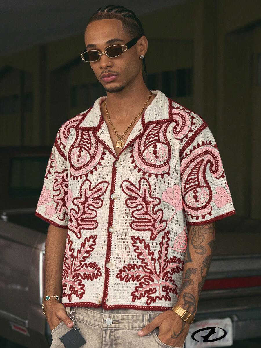 Cashew Flower Pattern Boxy Fit Polo Collar Short Sleeve Knit Top For Men