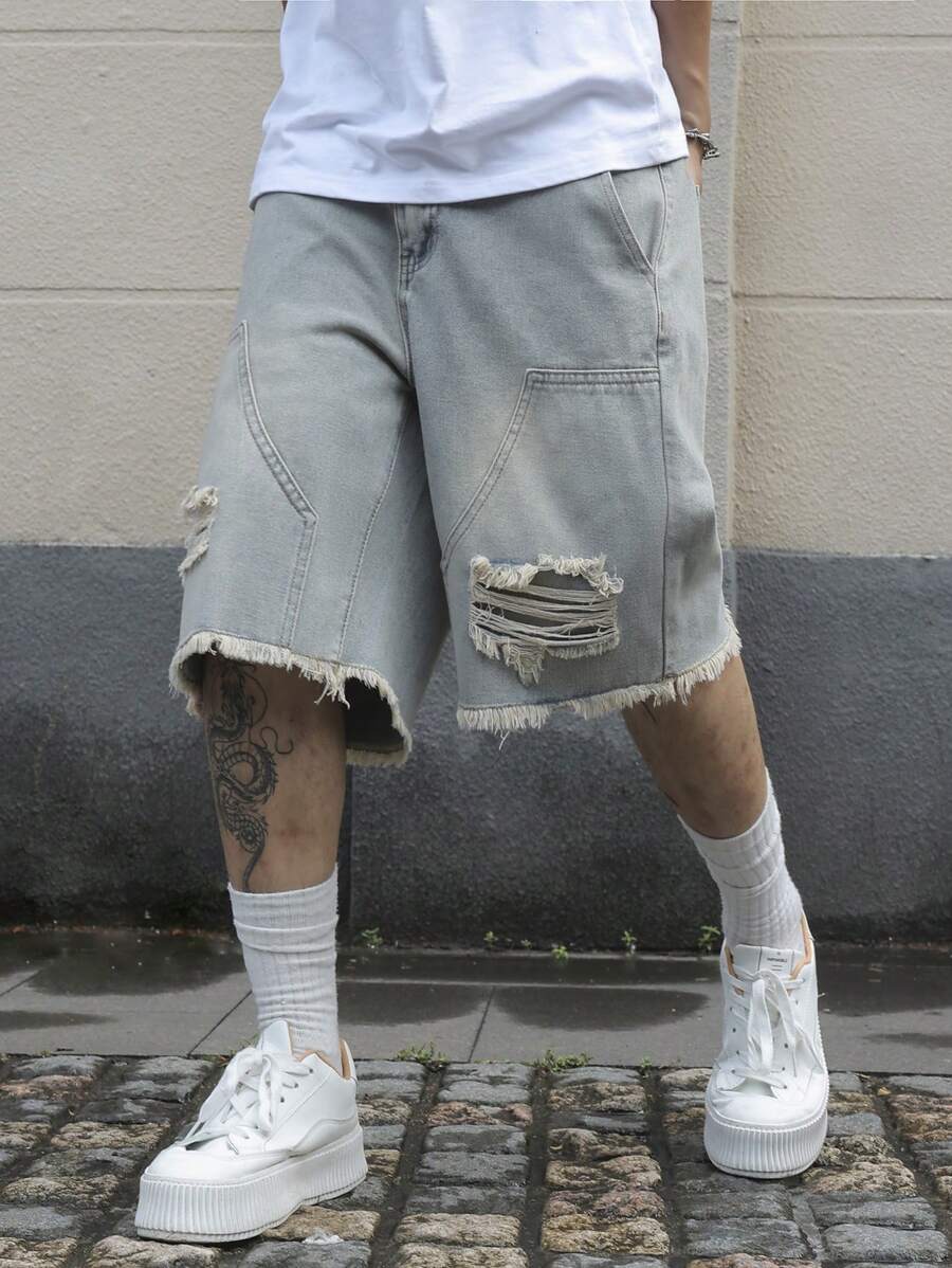 Men's Pocket Distressed Raw Hem Loose Fit Jorts