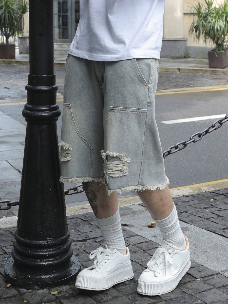 Men's Pocket Distressed Raw Hem Loose Fit Jorts
