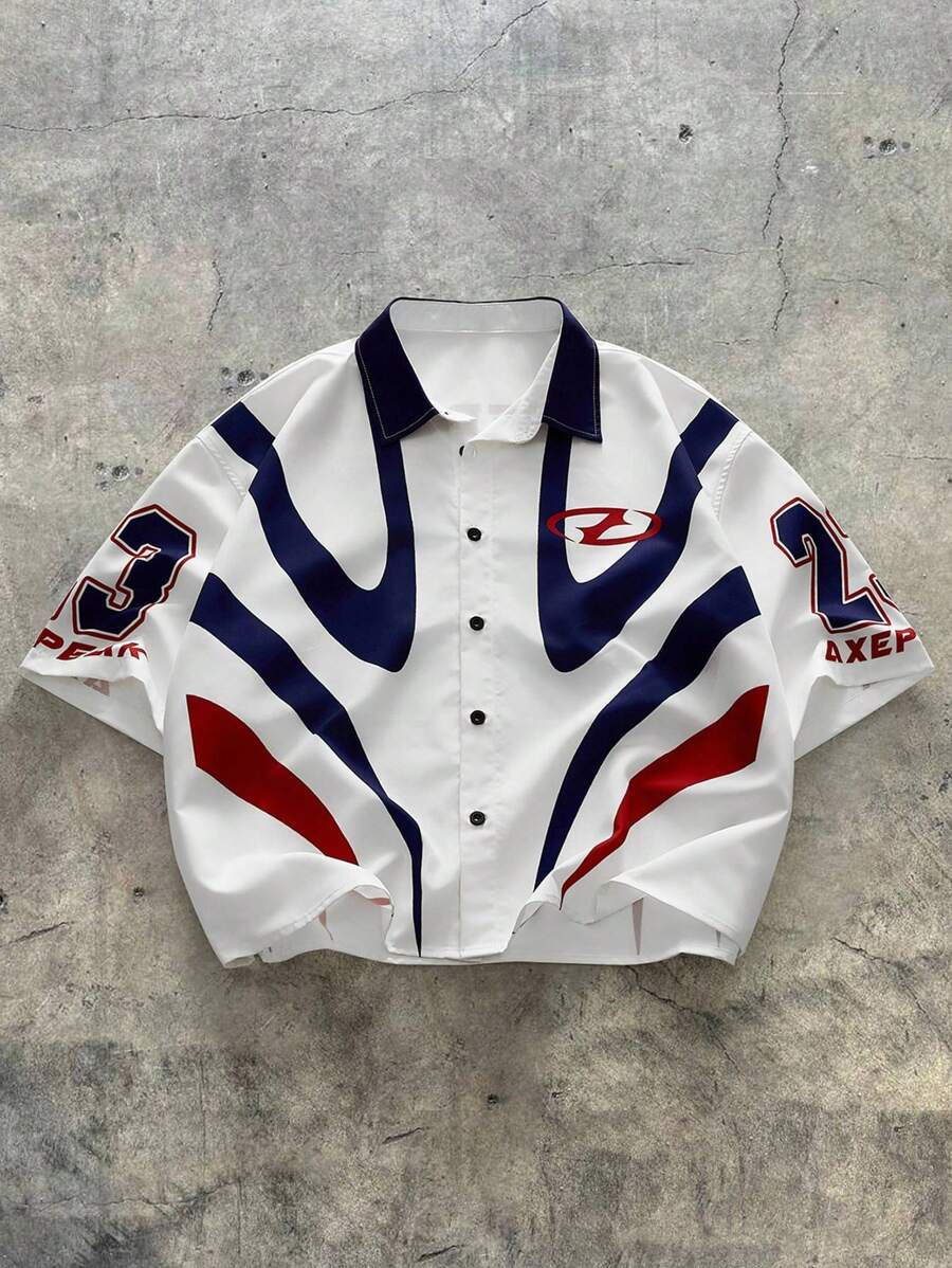 Men's Digital Print Loose Woven Short Sleeve Shirt