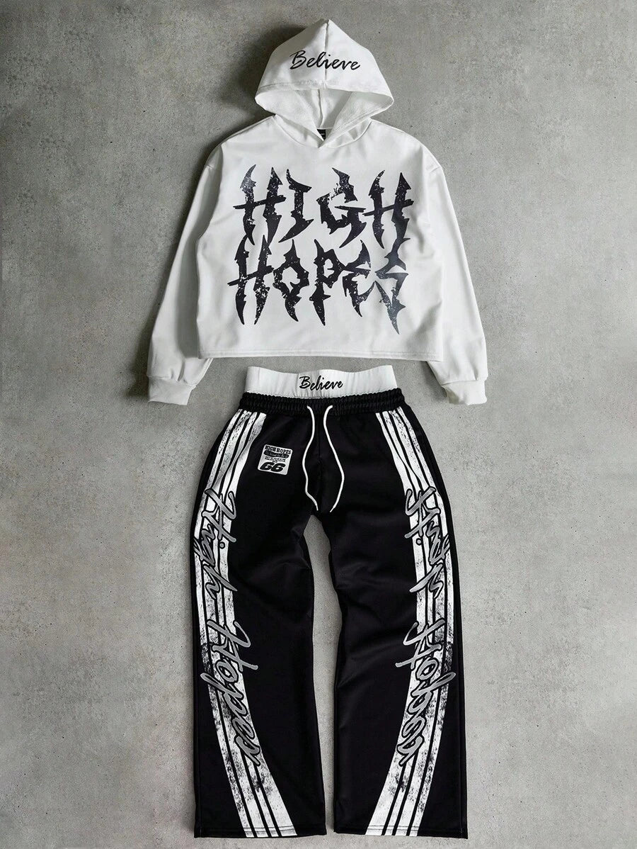 Men's Print Hoodie & Wide-Leg Pants Set,