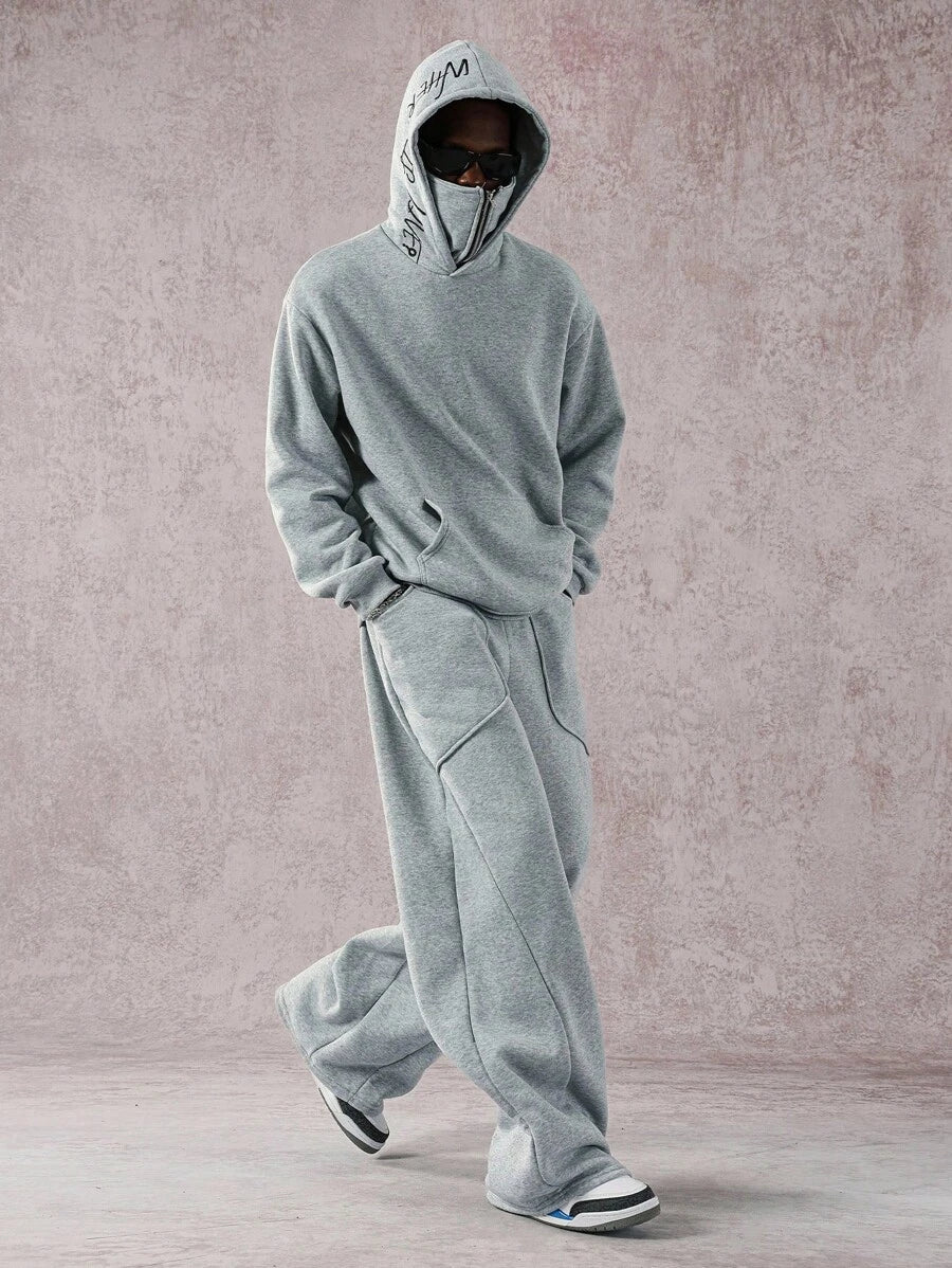 Men’s Casual Loose Fit Letter Print Drawstring Hoodie And Wide Leg Pocket Pants Suit Set