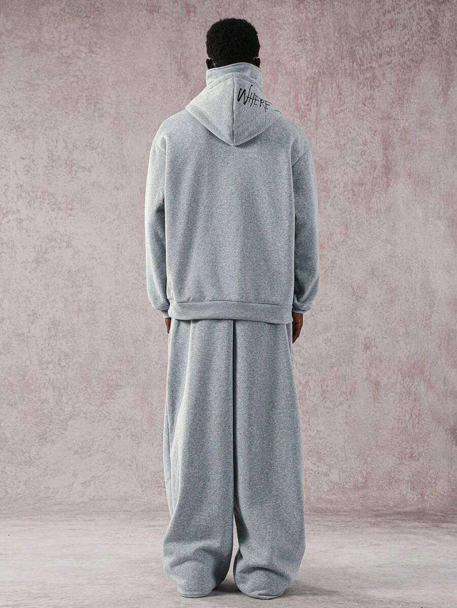 Men’s Casual Loose Fit Letter Print Drawstring Hoodie And Wide Leg Pocket Pants Suit Set