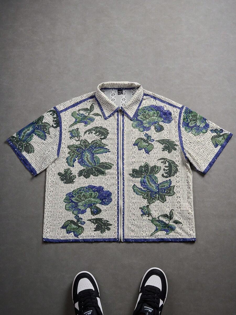 Men's Oil Painting Sunflower Print Pegasus Print Zip-Up Shirt ,