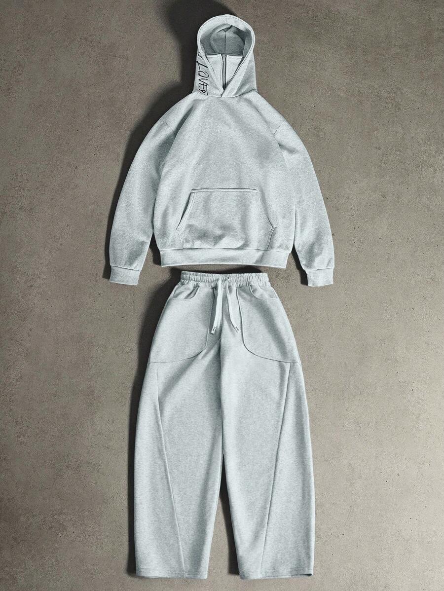 Men’s Casual Loose Fit Letter Print Drawstring Hoodie And Wide Leg Pocket Pants Suit Set