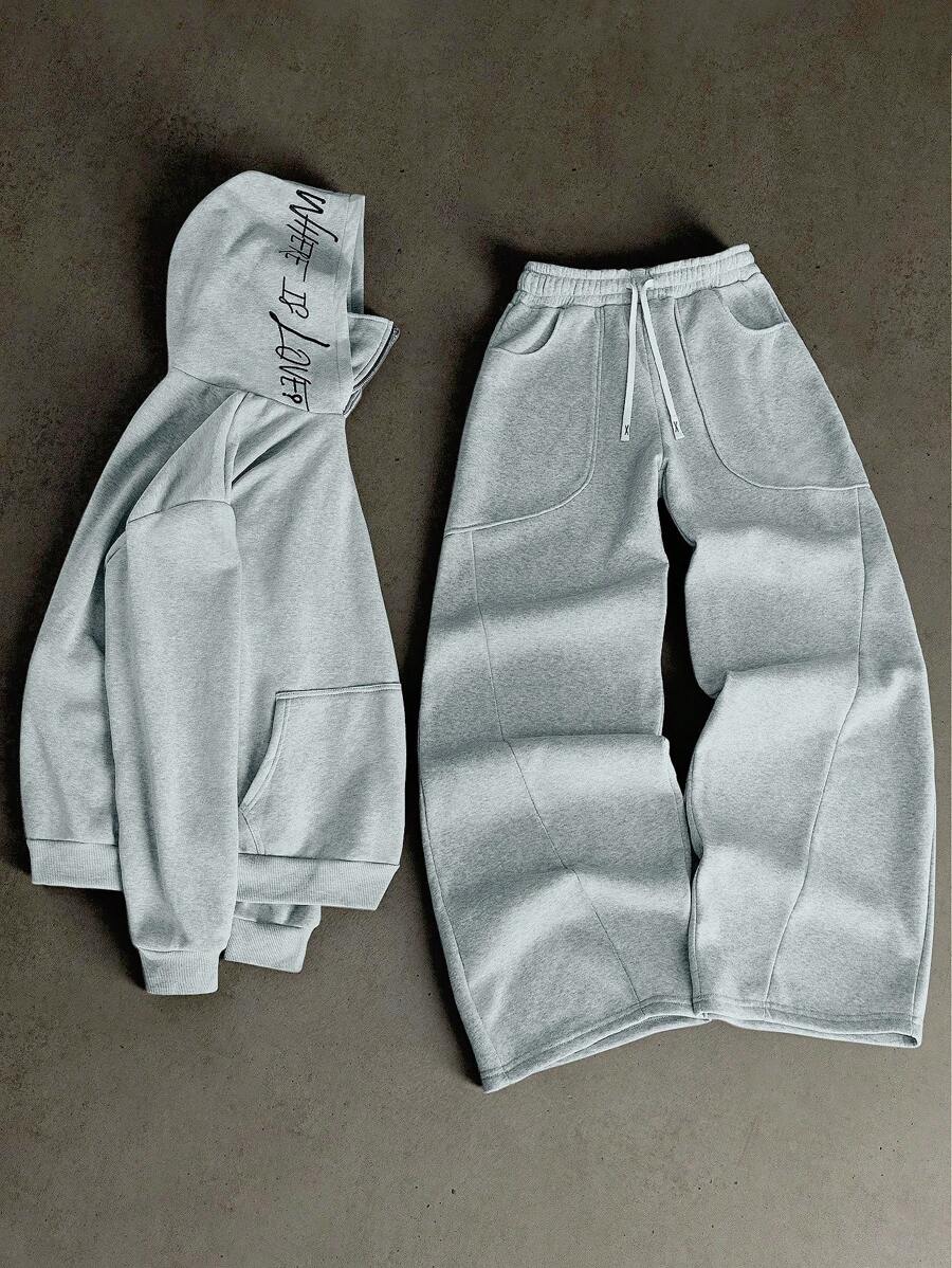 Men’s Casual Loose Fit Letter Print Drawstring Hoodie And Wide Leg Pocket Pants Suit Set