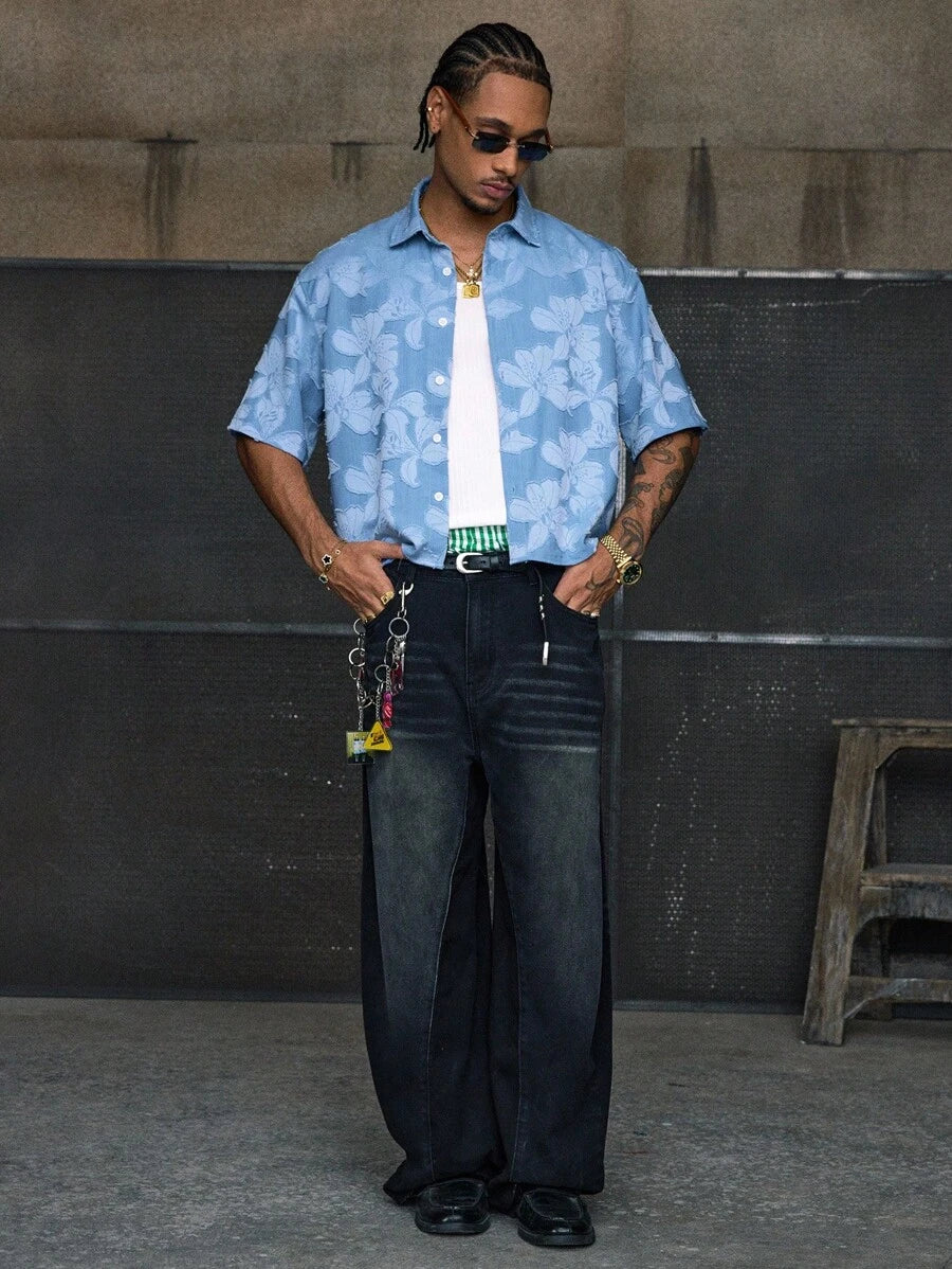 Men's Streetwear Turndown Collar Short Sleeve Loose Fit Shirt
