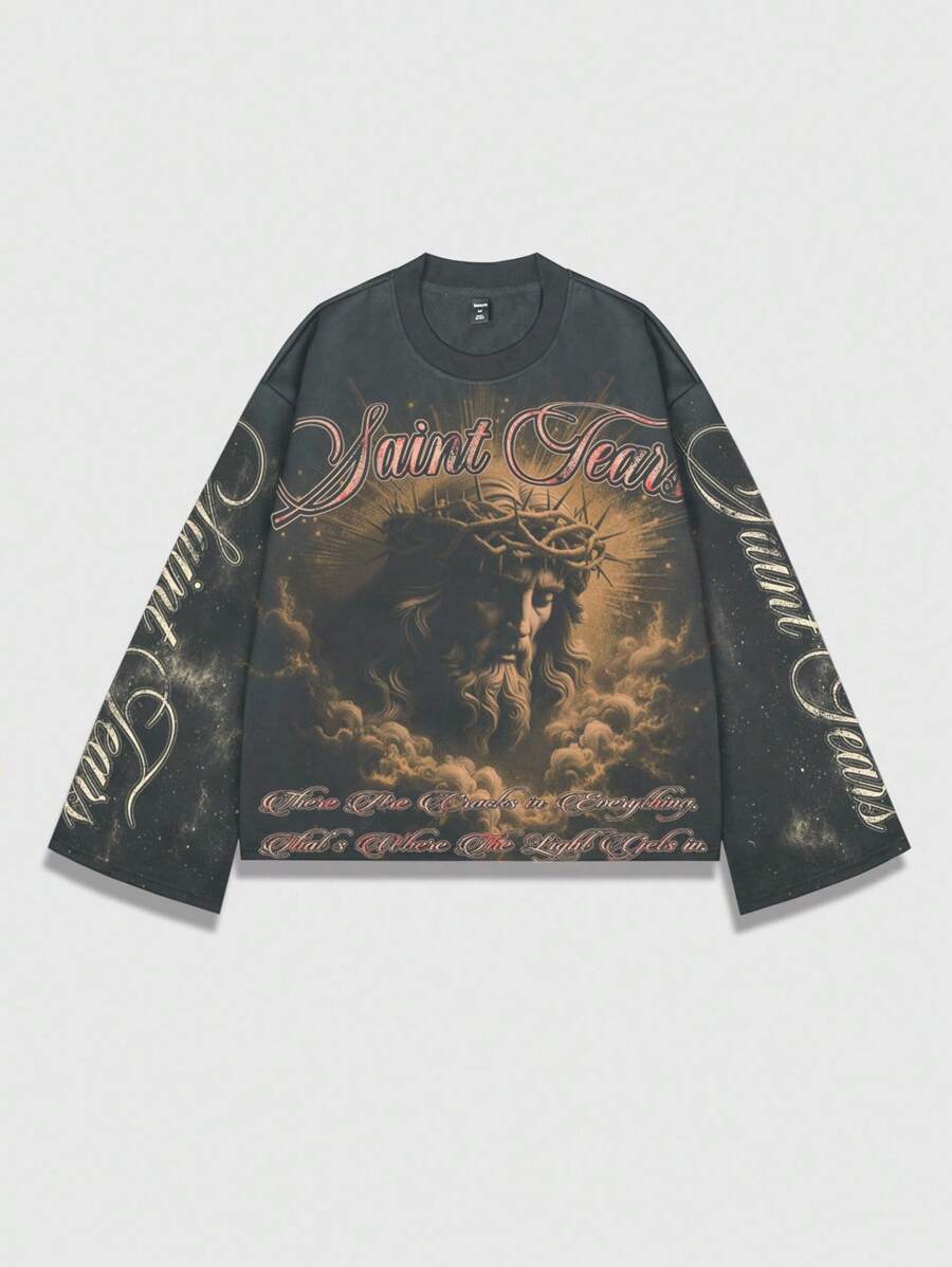 Distressed Saint Graphic Print Long Sleeve Crew Neck Men's T-Shirt