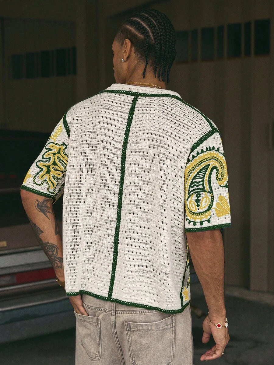 Cashew Flower Pattern Boxy Fit Polo Collar Short Sleeve Knit Top For Men